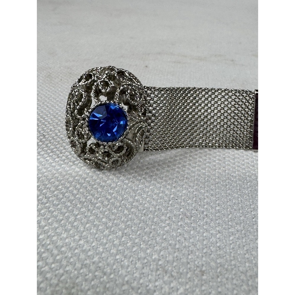 Vintage‎ Silver Tone Mesh Bracelet Blue Rhinestone Oval Filigree Clasp - Picture 7 of 10